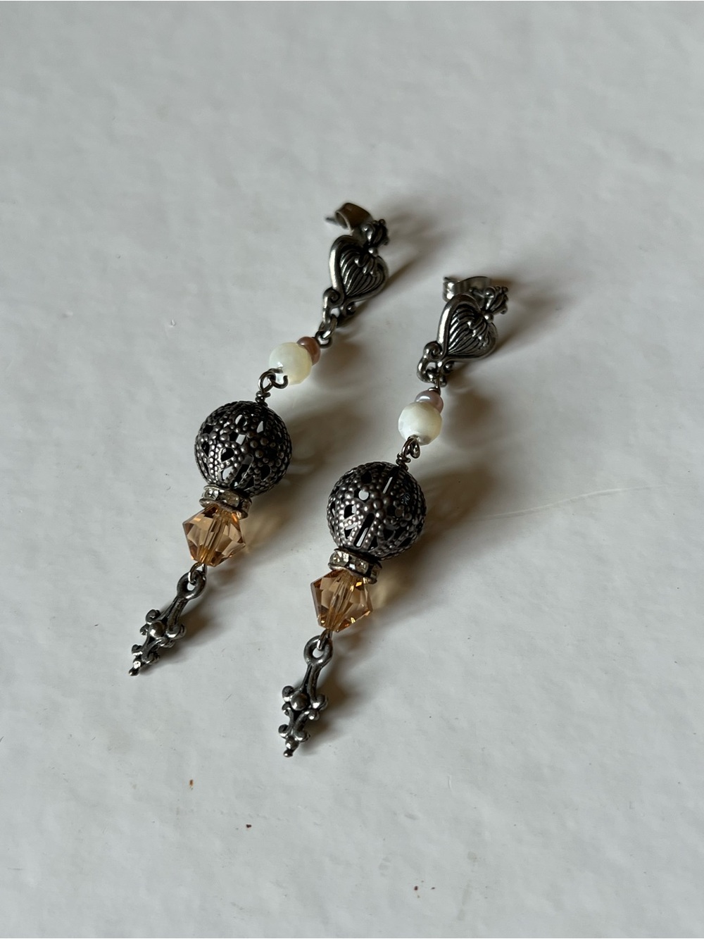 Antique Silver Filigree Drop Earrings with Champagne Crystal and Pearl Accents